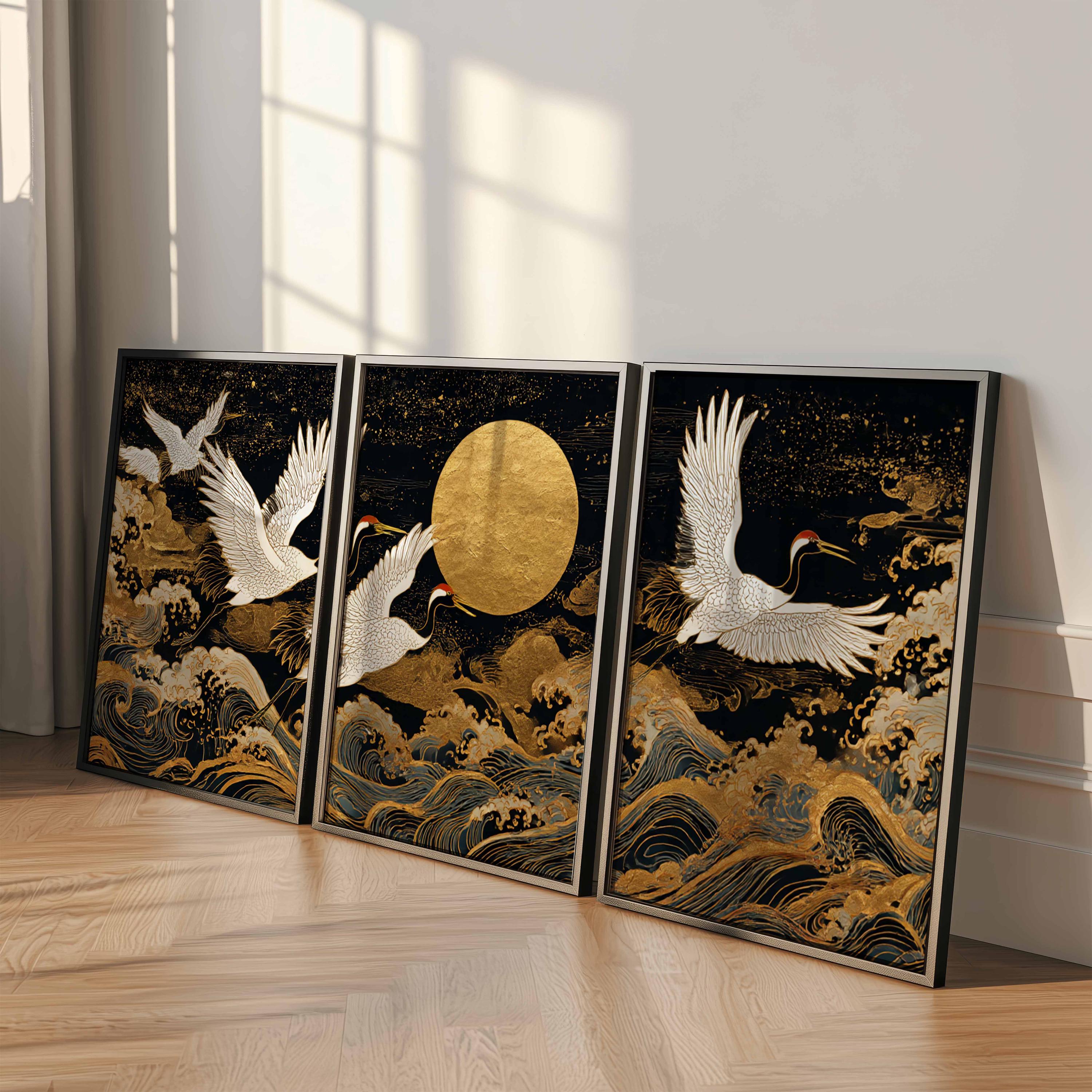 Japanese Crane Print Set of 3: Gold Moon & Ocean Waves Oriental