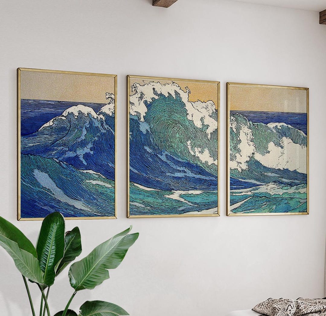 Blue Ocean Wave Posters Set of 3 | Japanese Style Seascape Wall Art ...