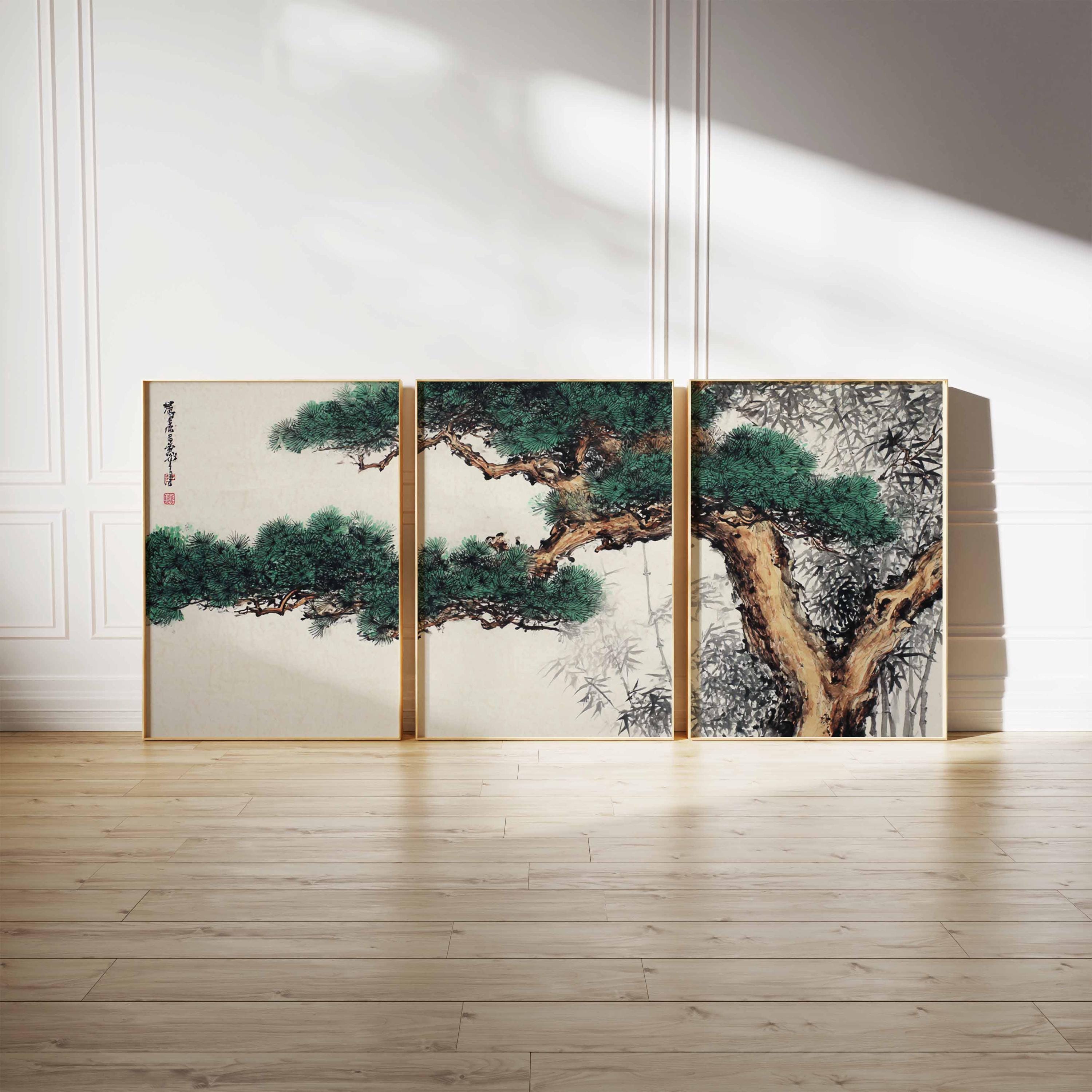 Chinese Pine Tree Triptych: Ink Brush Style Asian Wall Art - Etsy