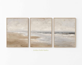 Coastal Beach Triptych Art Print Set: Minimalist Seascape Living Room Decor