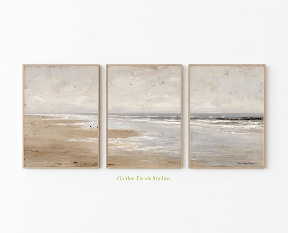 Coastal Beach Triptych Art Print Set: Minimalist Seascape Living Room Decor