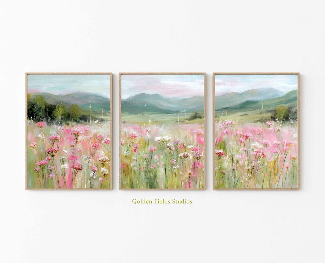 Pink Meadow Prints Set: Botanical Field Landscape Wall Art - Etsy