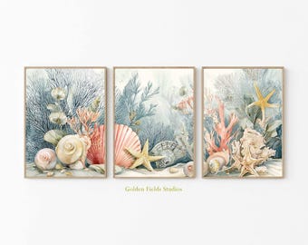 Turquoise Wall Art Set of 4 Unframed Art Prints Beach Decor, Seashells ...