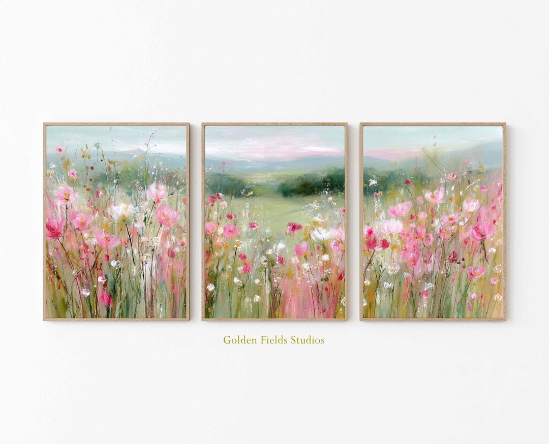 Pink Floral Meadow Prints Set: Modern Botanical Wall Art - Etsy