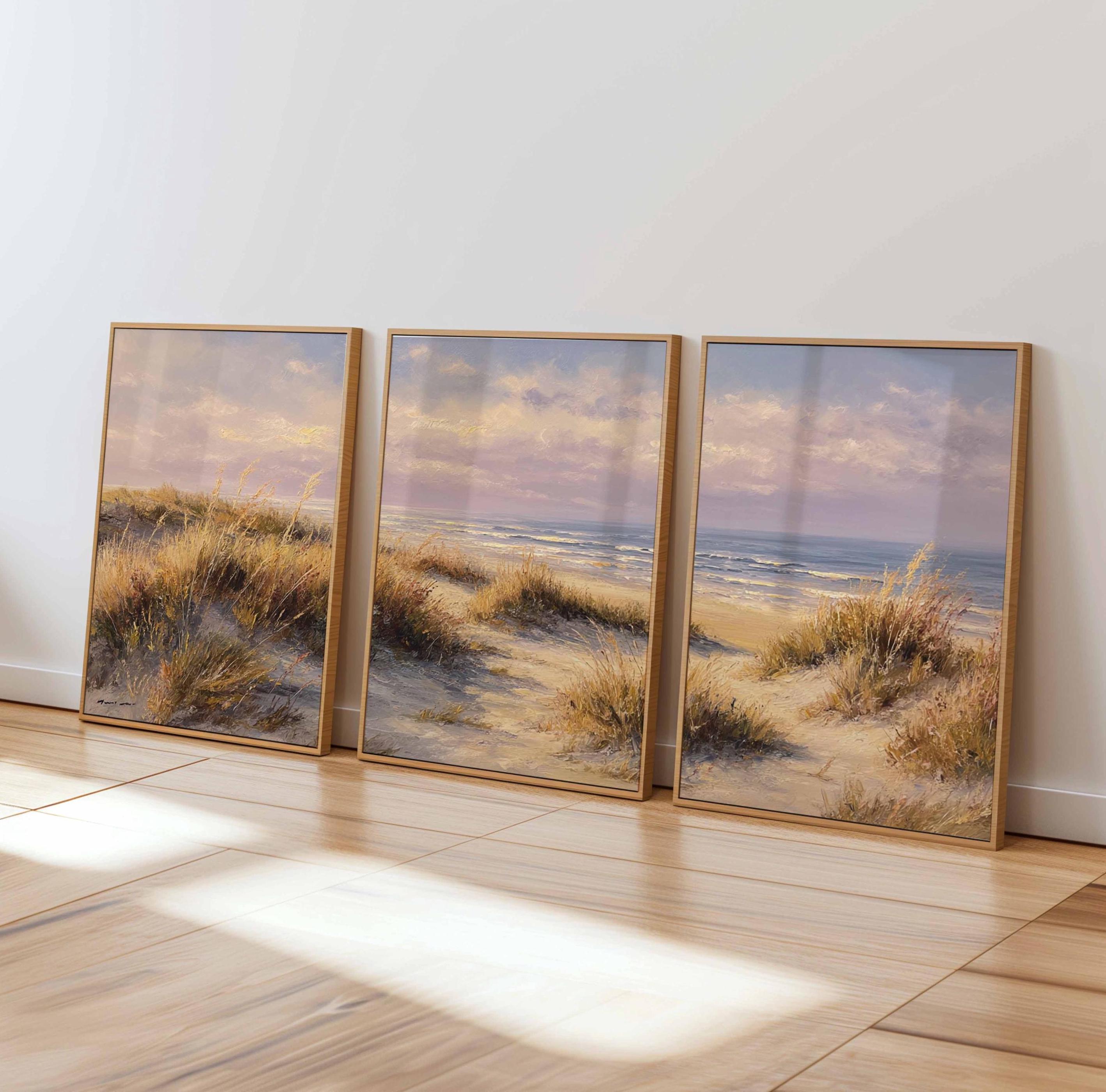 Set of 3 Beach Dune Prints, Coastal Wall Art, Sand Dunes Landscape, Seaside Grass Oil Painting, Neutral Rustic Beach Decor, Coastal Decor