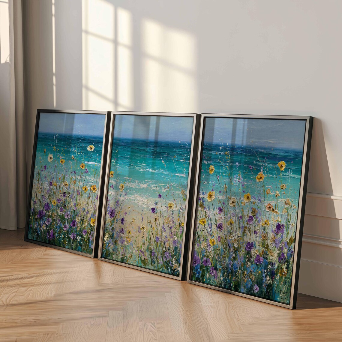 Coastal Beach Wall Art Set of 3: Seaside Ocean & Wildflower Landscape ...