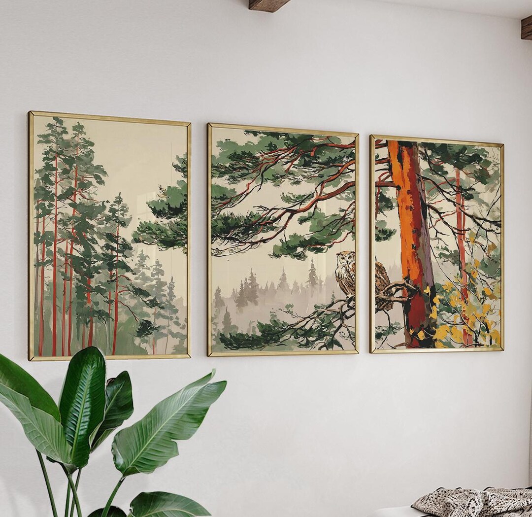 Pine Forest Wall Art Set | Owl Woodland Prints Set of 3 | Nature Tree ...