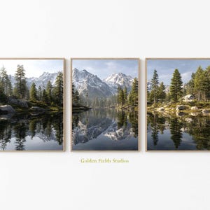 Mountain Lake Poster Set of 3, Alpine Landscape Wall Art, Nature Reflection Print, Forest Lake Photography, Scandinavian Home Decor