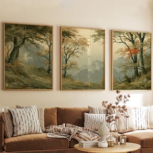 Skogslandskapstavlor, set om 3 | Vintage väggkonst med skogsmark | Stämningsfull trädtriptyk | Neutral naturposter