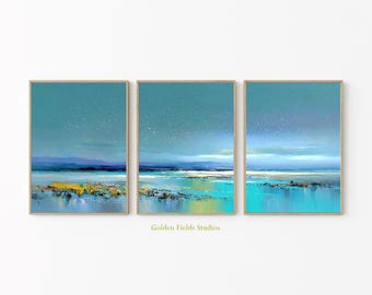 Abstract Night Seascape Poster Set Of 3, Blue Ocean Horizon Wall Art, Modern Coastal Landscape Prints, Contemporary Minimal Artwork