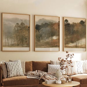 Set med dimmigt skogslandskap | Akvarellträd i neutrala toner | Set med tre naturposters | Minimalistisk väggkonst med landskap