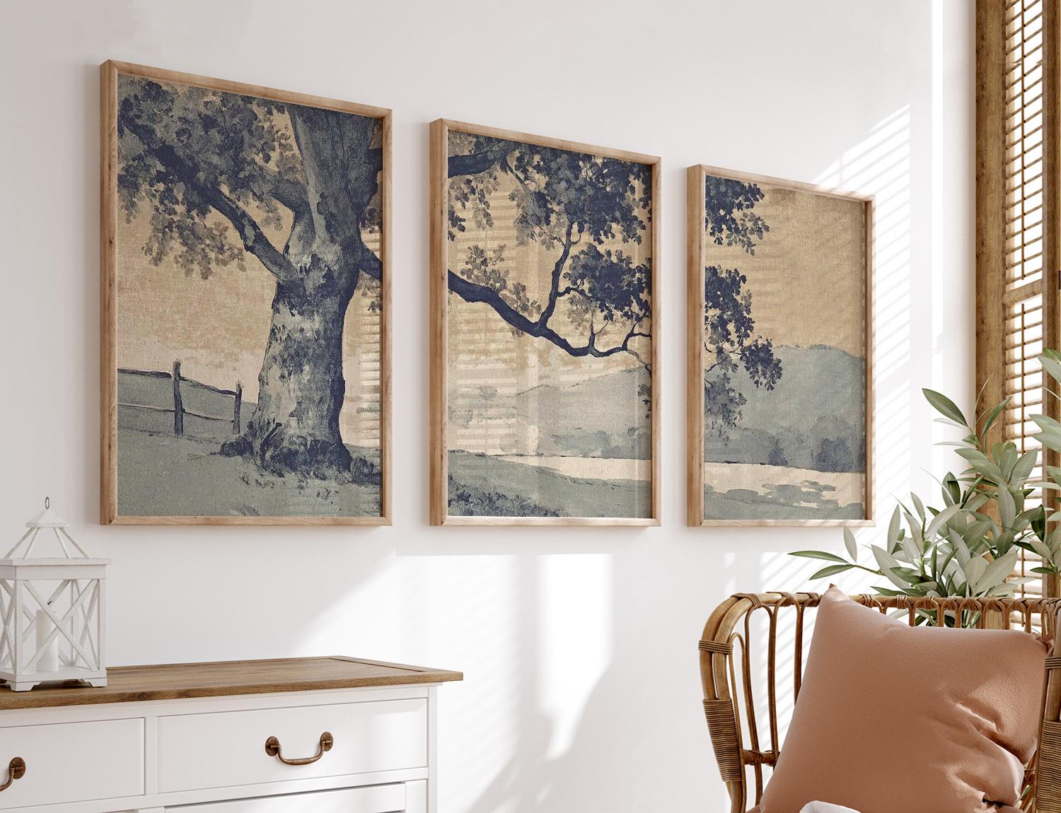 Vintage Oak Tree Landscape Art | Triptych Nature Poster Set