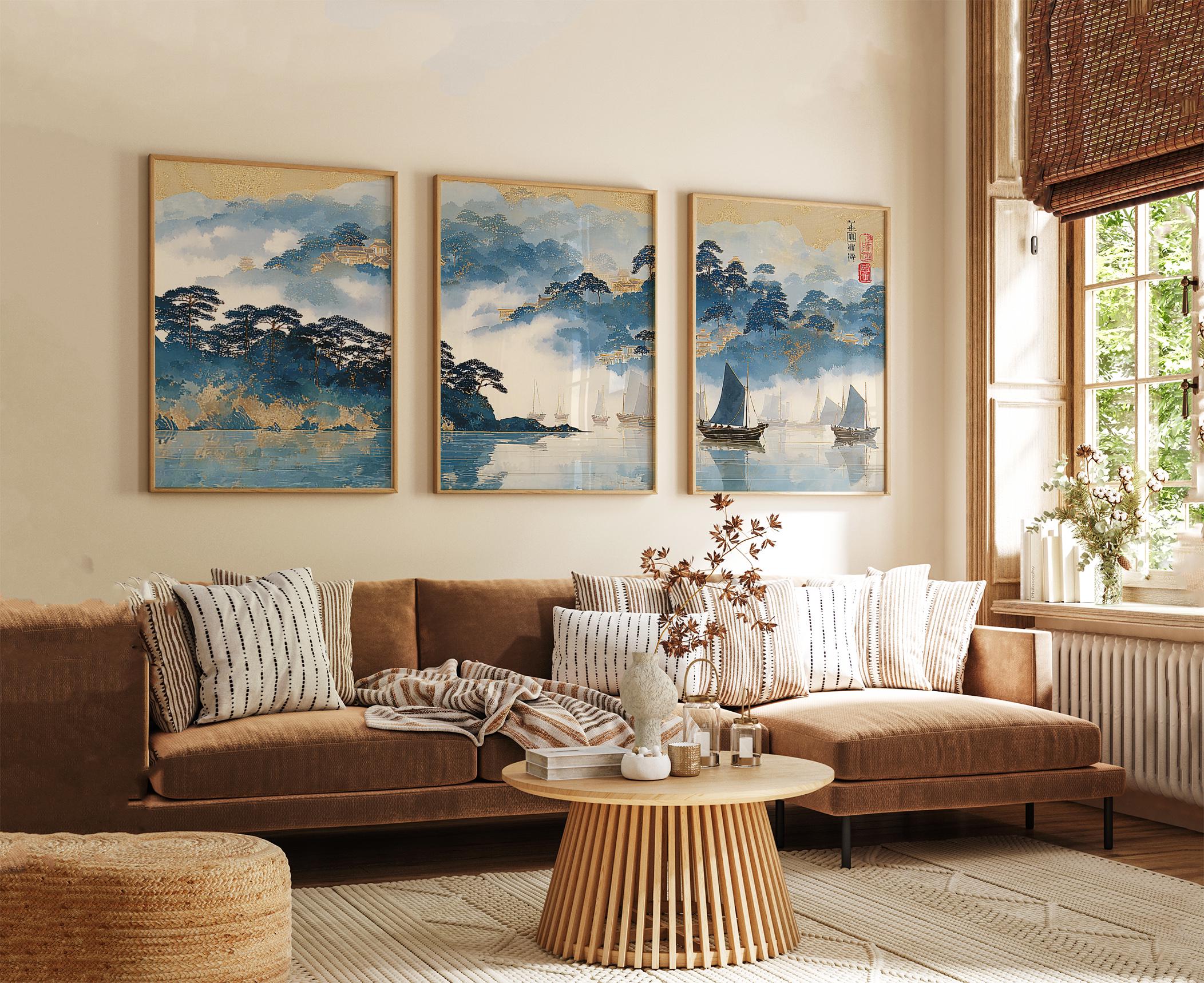 Set of 3 Posters | Asian Sailboat Landscape Wall Art | Blue Gold