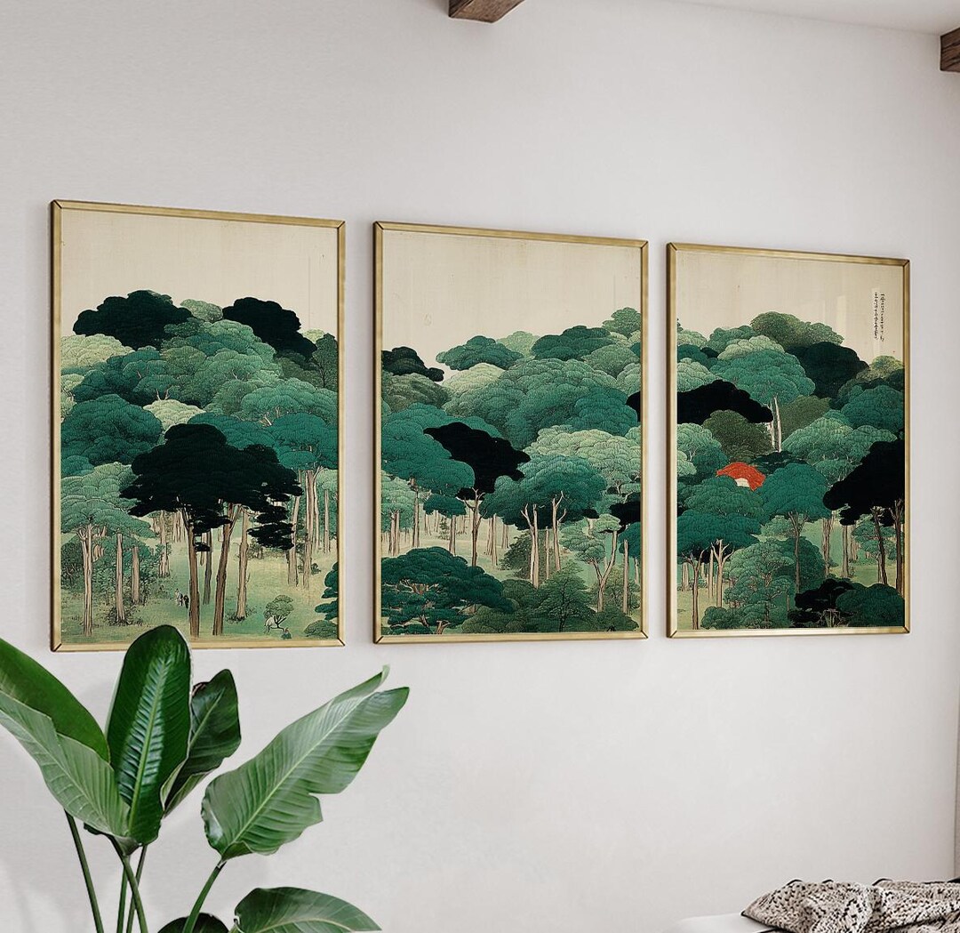 Set of 3 Posters | Green Forest Wall Art | Vintage Woodland Tree ...
