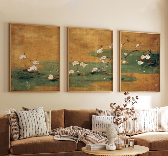 Japanese Blossom Poster Set | Ukiyo-E Triptych Wall Art | Gold Green Floral Prints