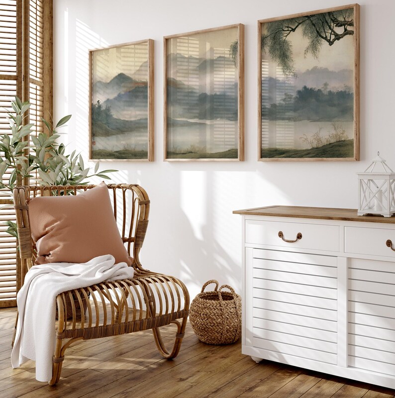 Asian Mountain Landscape Print Set | Misty River Wall Art | Three Piece ...
