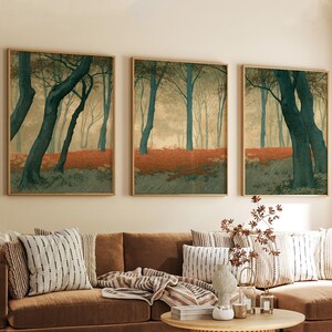 Triptyk med japansk skog | Stämningsfull skogsväggkonst, set om 3 | Höstnaturposter