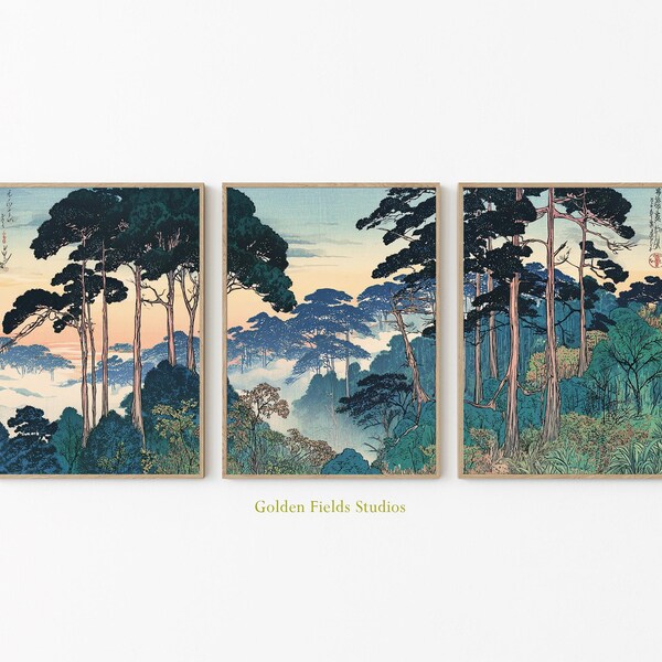 Japanese Forest Tree Posters Set Of 3 | Vintage Landscape Wall Art