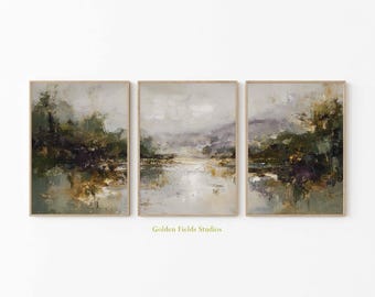 Earthy Triptych Landscape Art: Abstract Golden Fields Print Set