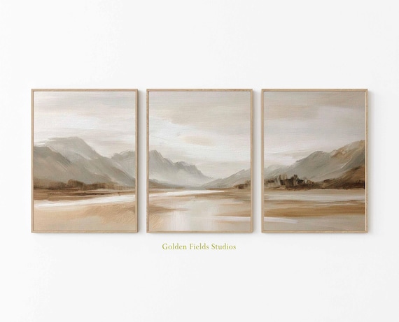 Neutral Mountain Landscape Wall Art Set of 3, Minimalist Beige