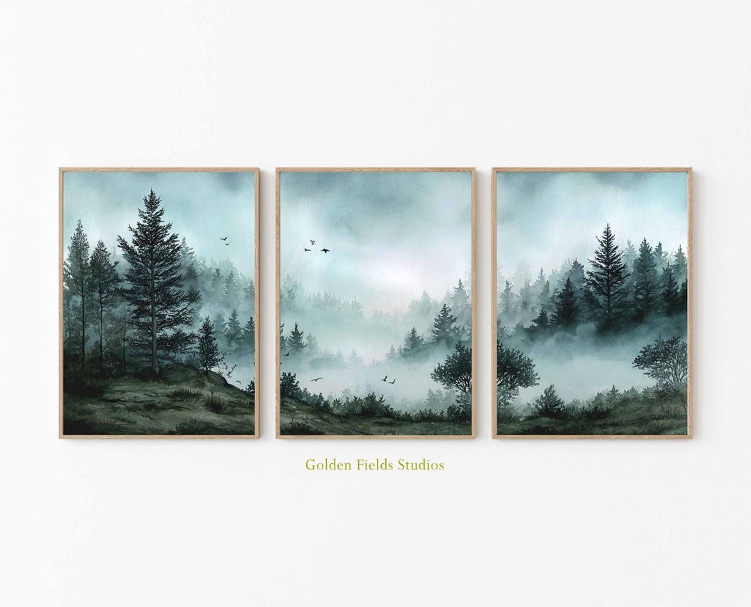 Forest Wall Art Set of 3, Misty Pine Tree Landscape Prints, Nature ...
