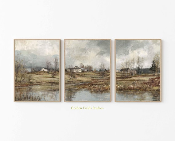 Ensemble d&#39;impressions de paysage de ferme : triptyque Cottagecore rustique