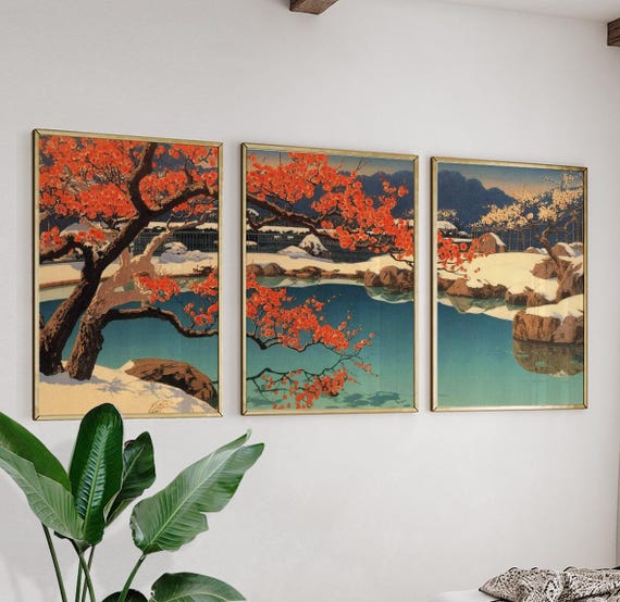 Teal Red Poster Set of 3 | Japanese Landscape Wall Art | Winter
