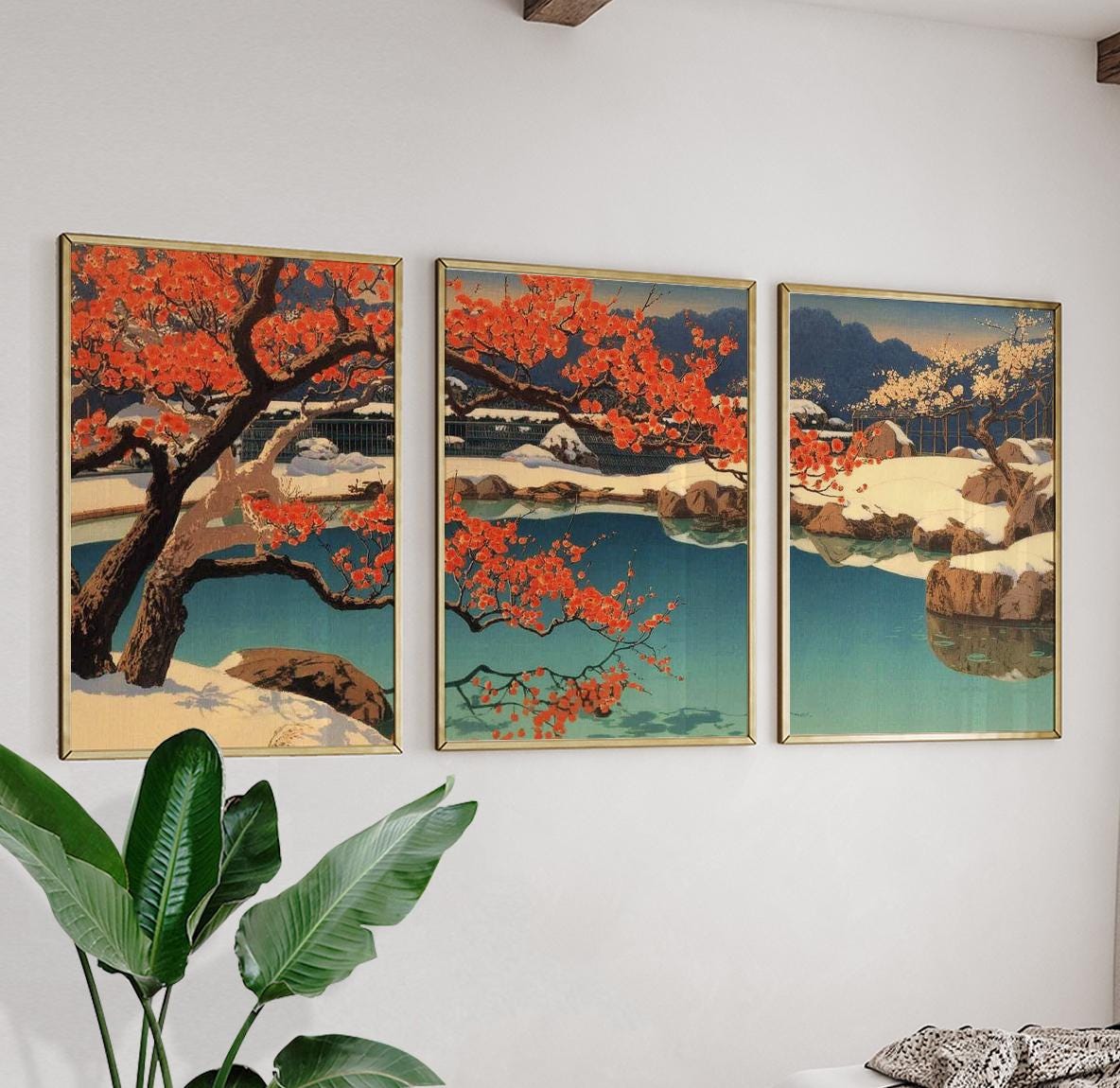 Teal Red Poster Set of 3 | Japanese Landscape Wall Art | Winter