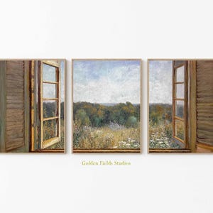 May include: Triptych wall art featuring a landscape scene viewed through open windows. The artwork depicts a serene outdoor vista with trees and a cloudy sky. The window frames and shutters are a warm, natural wood tone, adding a rustic touch to the decor.