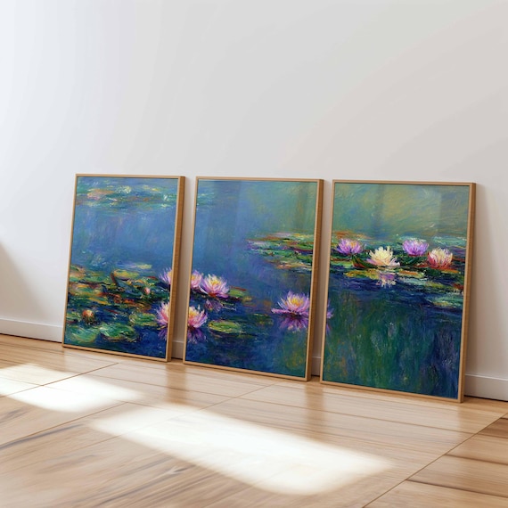 Monet Style Water Lily Triptych: Impressionist Pond Art Print Set