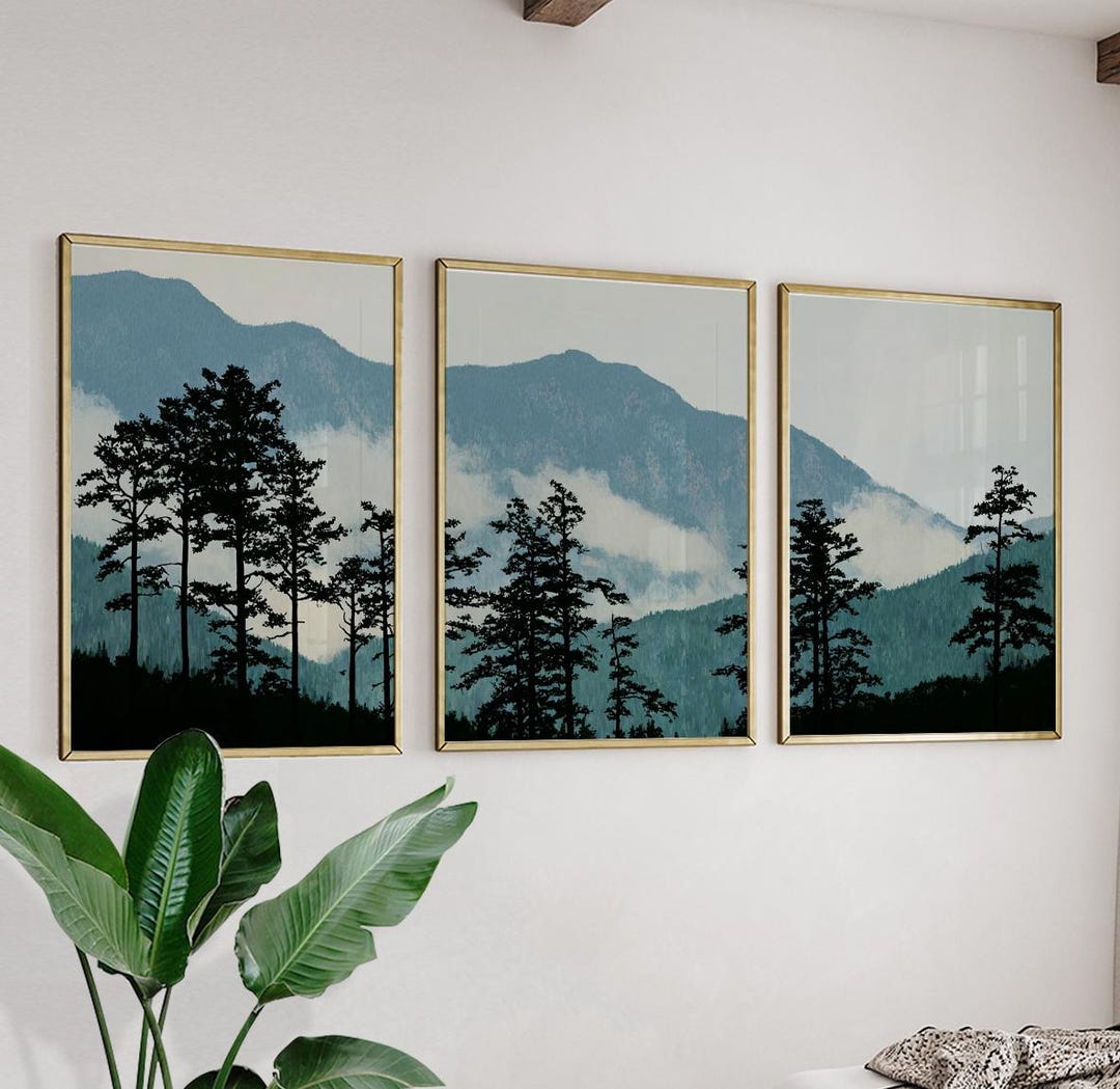 Set of 3 Posters | Mountain Forest Wall Art | Misty Pine Landscape ...
