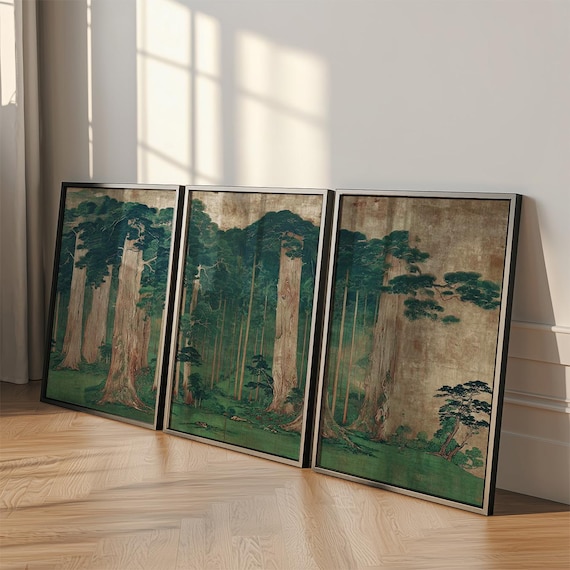 無印良品　IDEE 秋山花 「The Time Of Forests」 Green Japanese Forest Poster Set of 3 | Vintage Tree Landscape