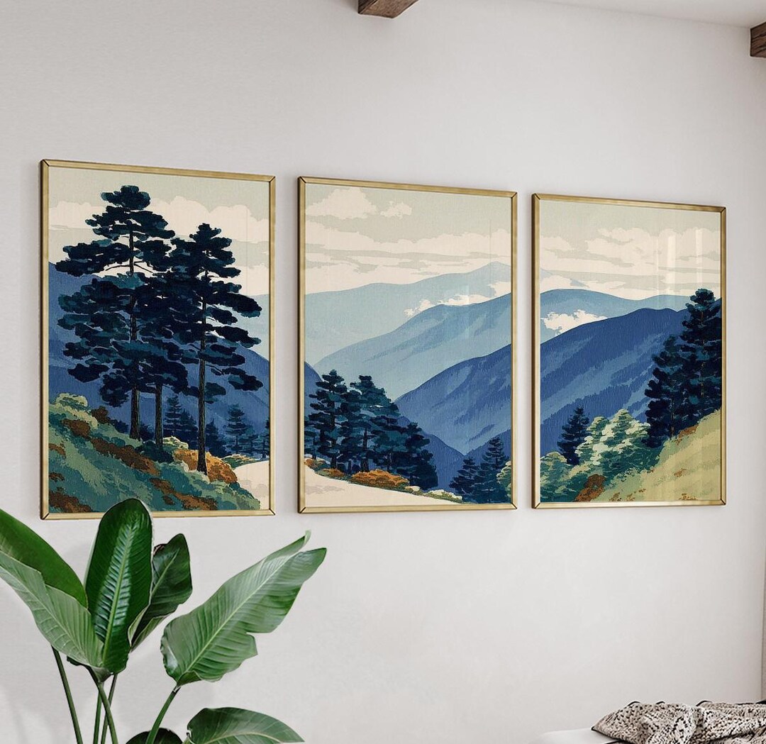 Mountain Forest Wall Art Set | Blue Hills Landscape Prints Set of 3 ...