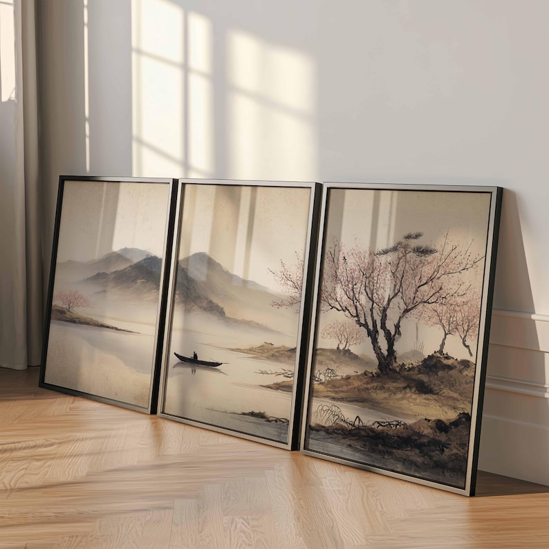 Japanese Cherry Blossom Wall Art Set: Zen Asian Landscape Triptych - Etsy
