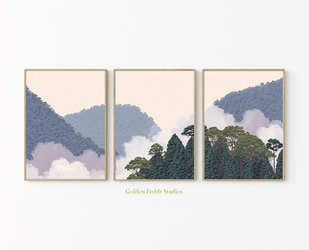Misty Forest Hills Poster Set of 3 | Minimalist Nature Wall Art