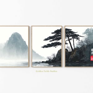 Arte murale di montagna asiatica, poster di paesaggio cinese con inchiostro, trittico in bianco e nero, decorazione murale di pini nebbiosi, set di stampe orientali tradizionali