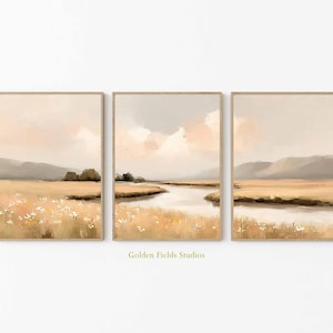 Neutral Landscape Wall Art Set of 3, Beige Pastel River Poster Print, Minimal Nature Triptych, Modern Farmhouse Decor Artwork for Home