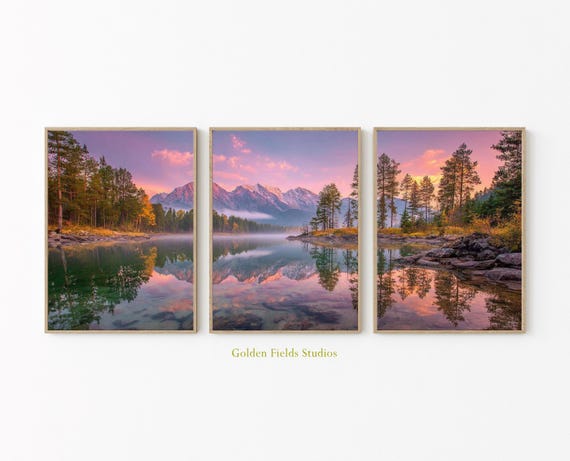 Alpine Lake Mountain Poster Set of 3 | Forest Reflection Wall Art