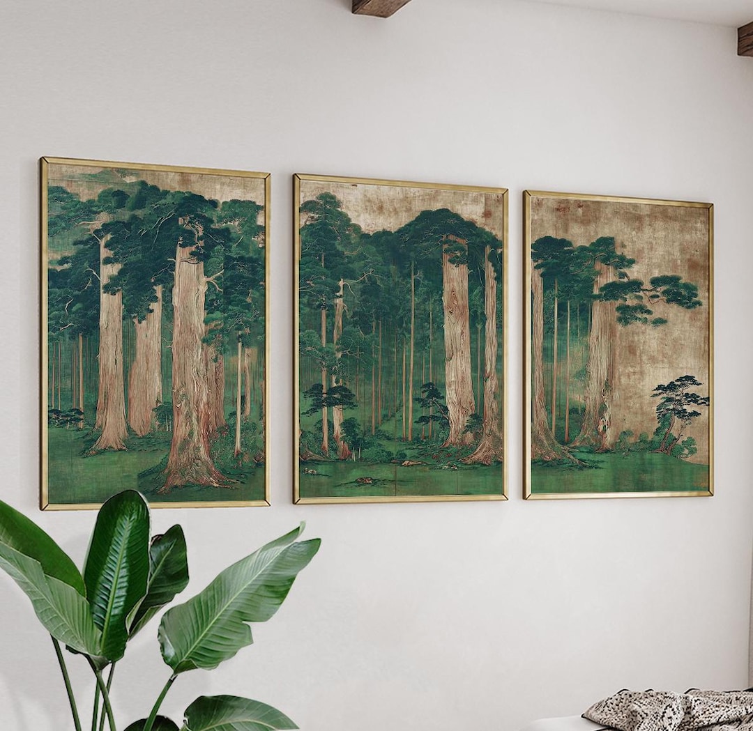 Green Japanese Forest Poster Set of 3 | Vintage Tree Landscape