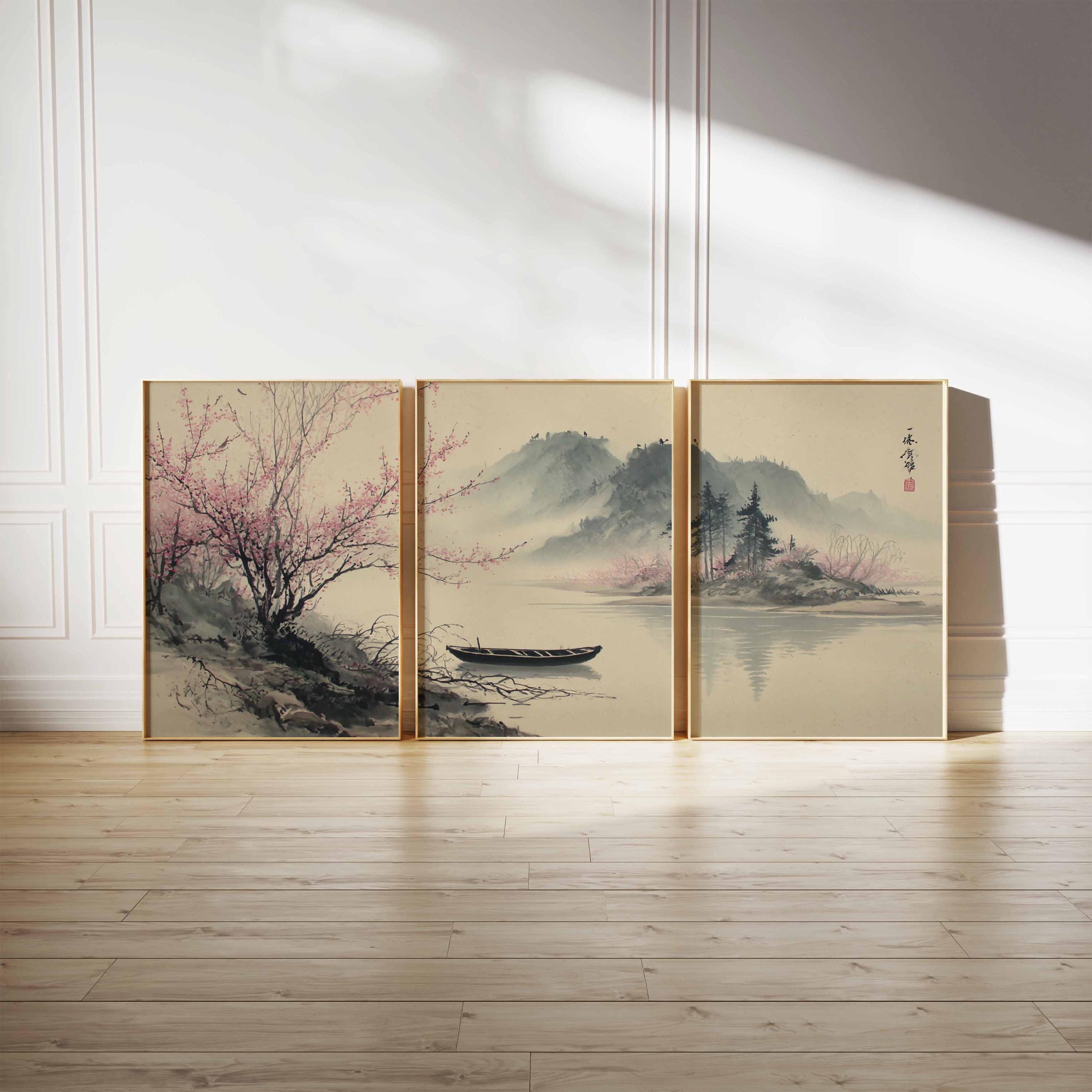 Japanese Cherry Blossom Wall Art Set: Zen Asian Landscape Triptych