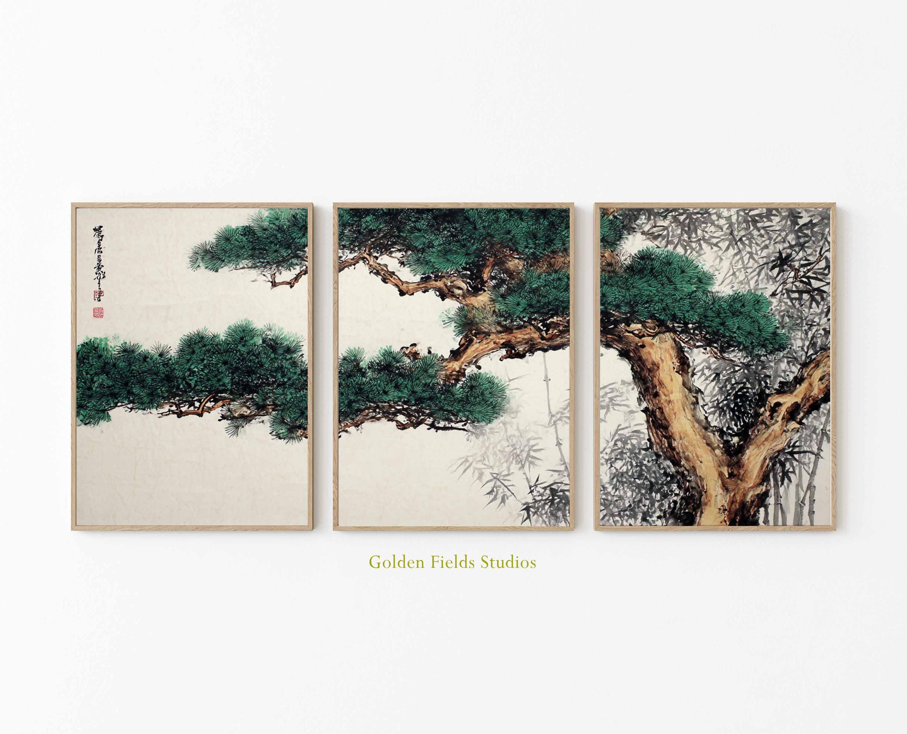 Chinese Pine Tree Triptych: Ink Brush Style Asian Wall Art - Etsy