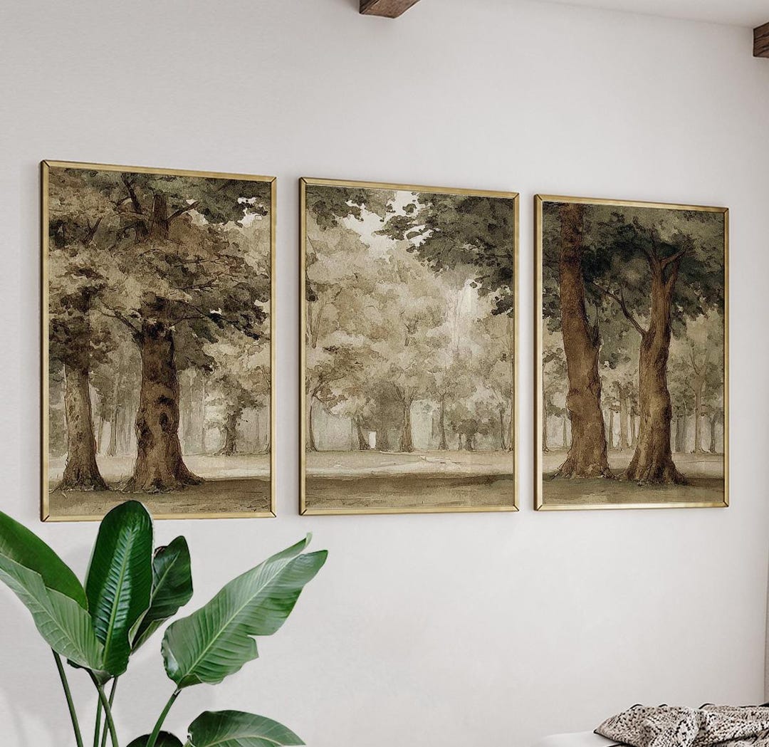 Vintage Woodland Tree Poster Set | Rustic Forest Landscape Wall Art ...
