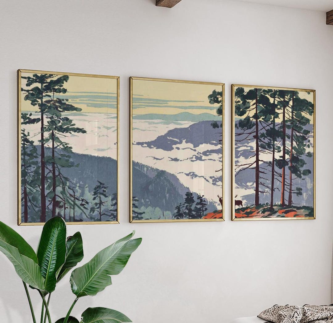 Misty Pine Forest Poster Set of 3 | Mountain Landscape Wall Art Nature ...