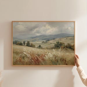 Countryside Meadow Poster | Rolling Hills Print | Muted Landscape Art | Overcast Field Decor