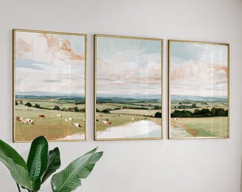 Set Of 3 Posters | English Countryside Landscape Wall Art | Pastoral Farm Triptych Prints