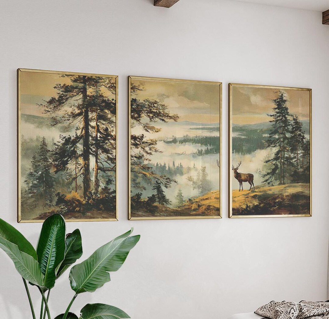 Misty Forest Wall Art Set | Deer Landscape Prints Set of 3 | Vintage ...
