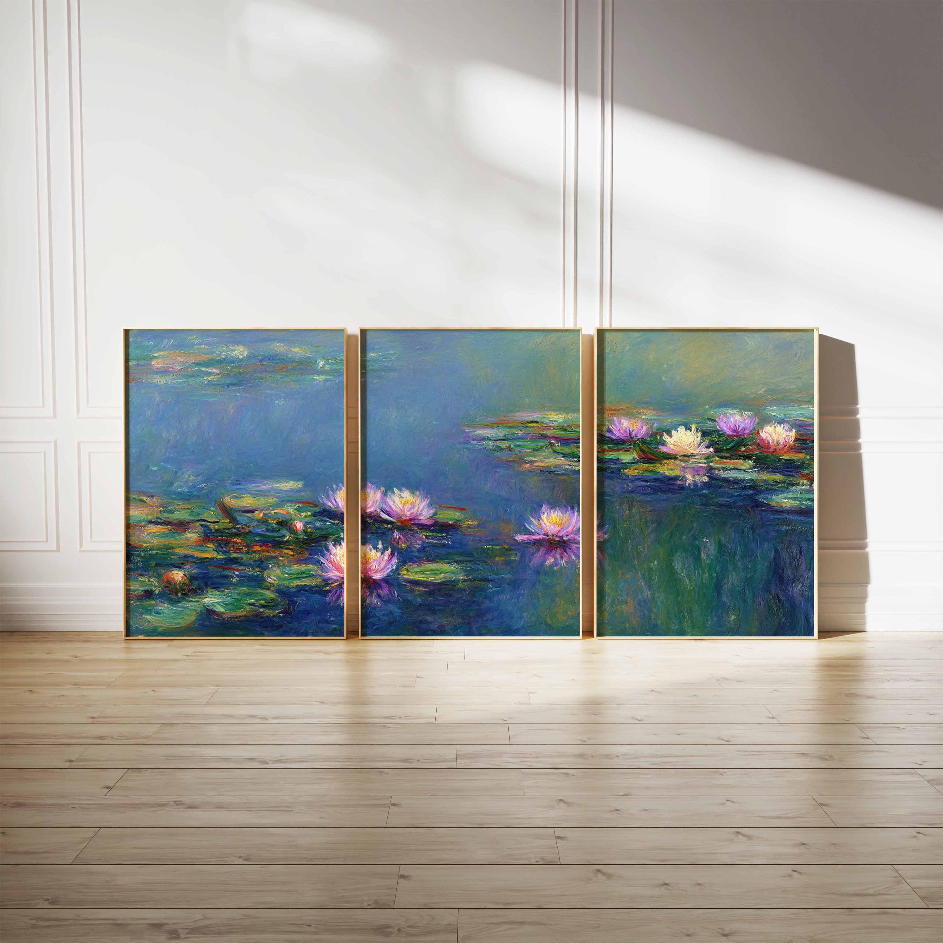 Monet Style Water Lily Triptych: Impressionist Pond Art Print Set