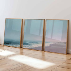 Pastel Beach Poster Set of 3 – Soft Coastal Sunset Wall Art, Pink Seascape Print, Calm Ocean Decor for Bedroom or Living Room