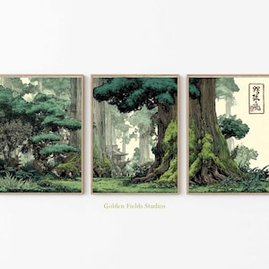 Ensemble d'impressions de forêt japonaise de style Ghibli : art de la nature anime