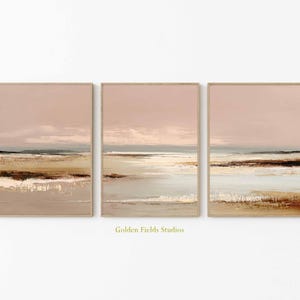 Neutral Coastal Landscape Wall Art Set of 3, Soft Abstract Beach Poster Print, Pastel Ocean Triptych, Minimalist Seaside Home Decor